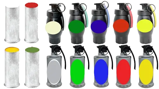 Signal and flare cartridges with colored smoke grenades