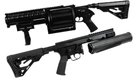 40 mm grenade launcher with semi-automatic, automatic, and pump-action firing modes